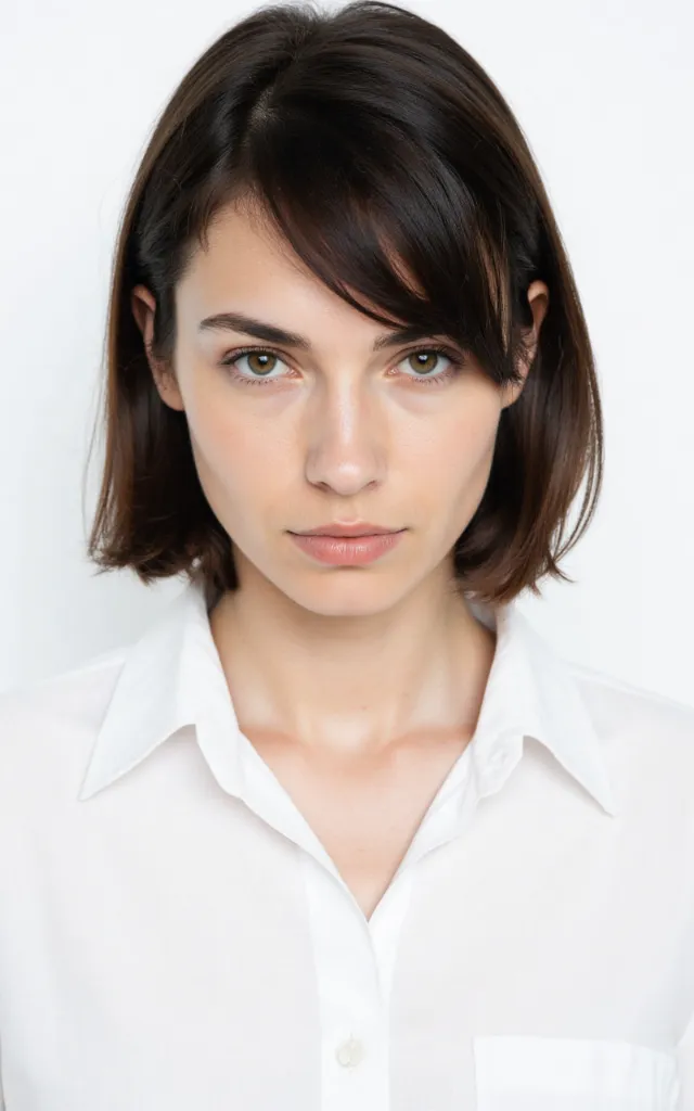 A French female model with Side   swept bangs, wearing a shirt, against a white background, in a front   facing bust portrait